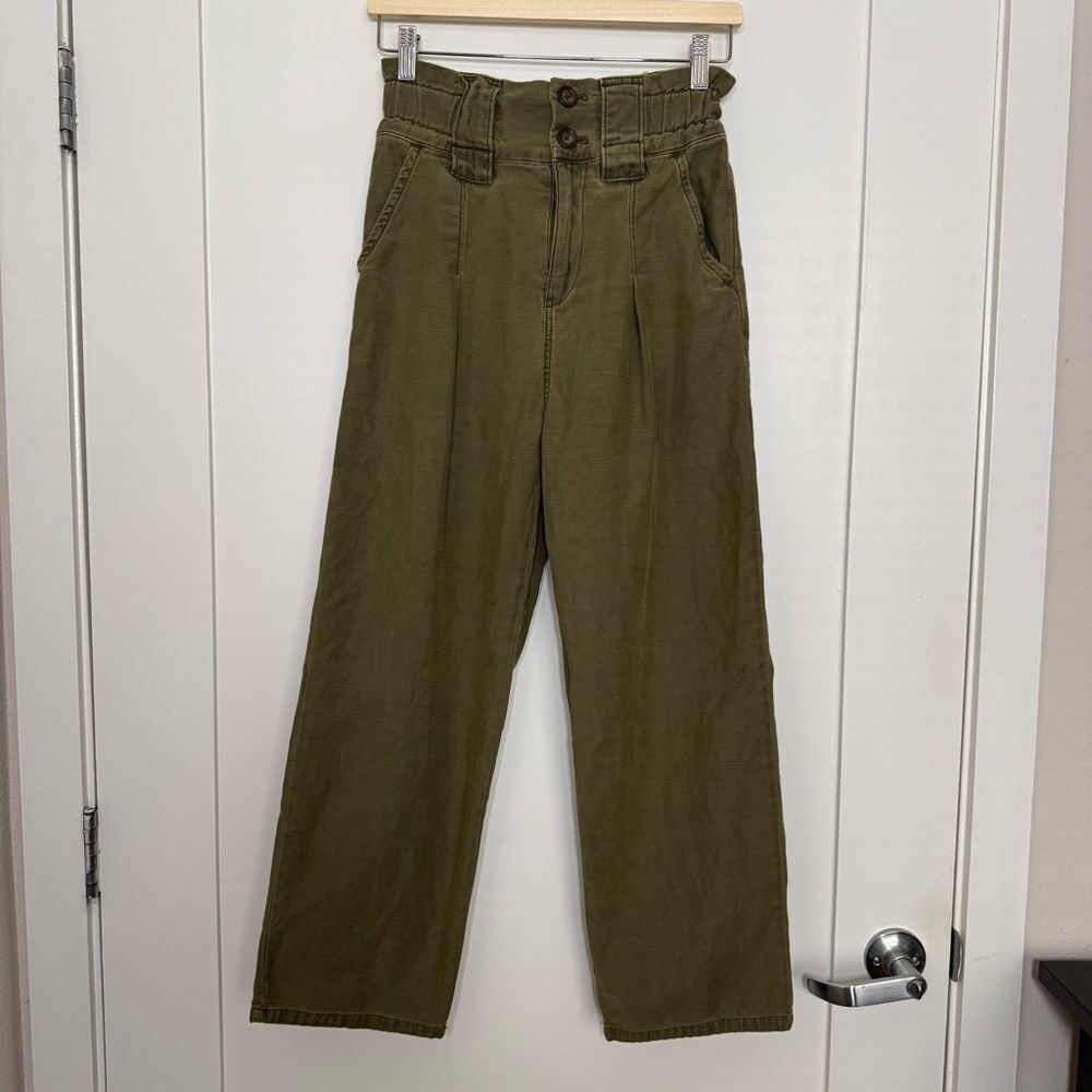 Free People Paperbag Pants Womens Sz 2 Green Pleated Cropped High Rise Boho
